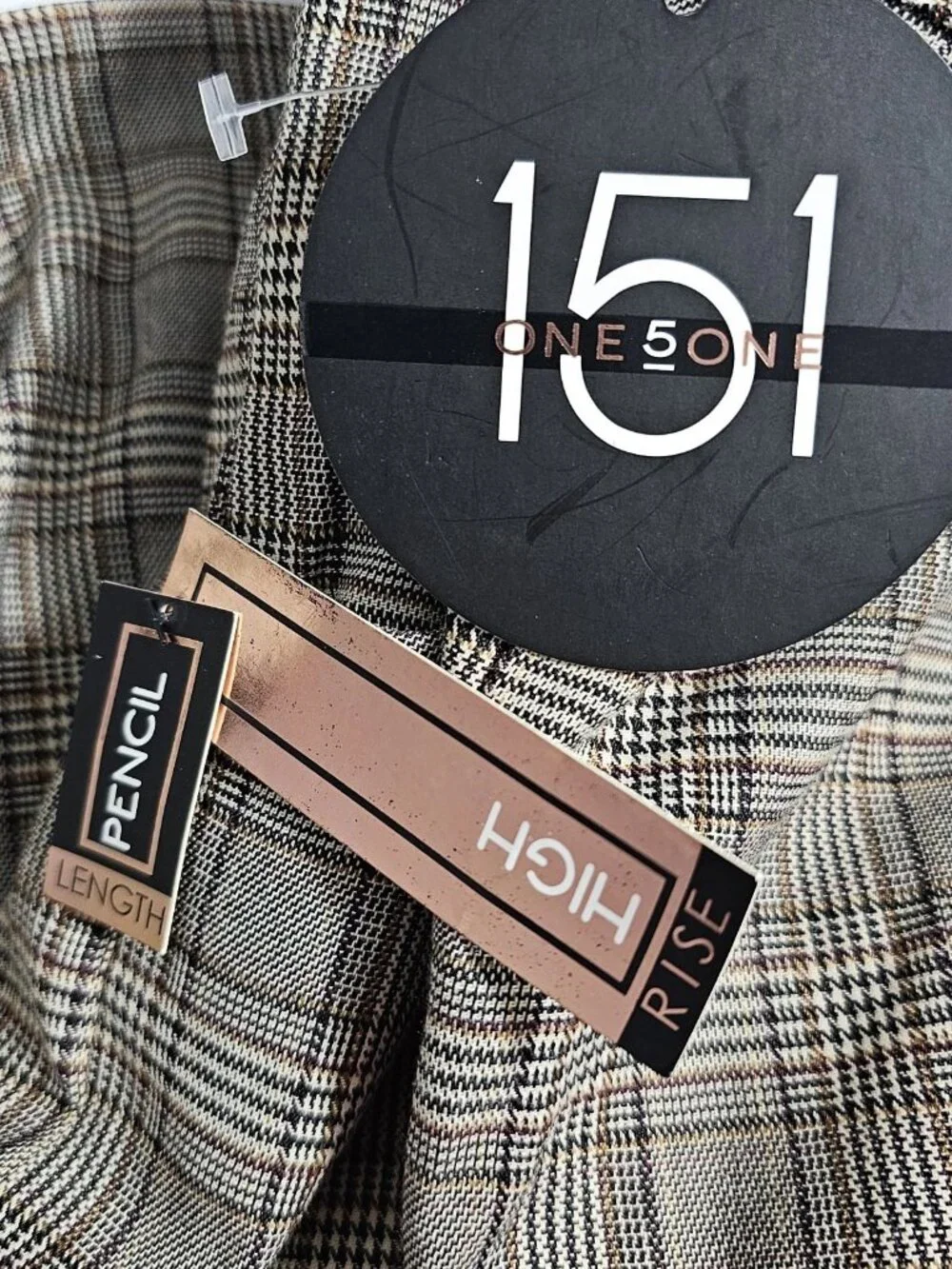one 5 one Plaid Pencil Skirt Small Brown Glen Check High Rise Preppy